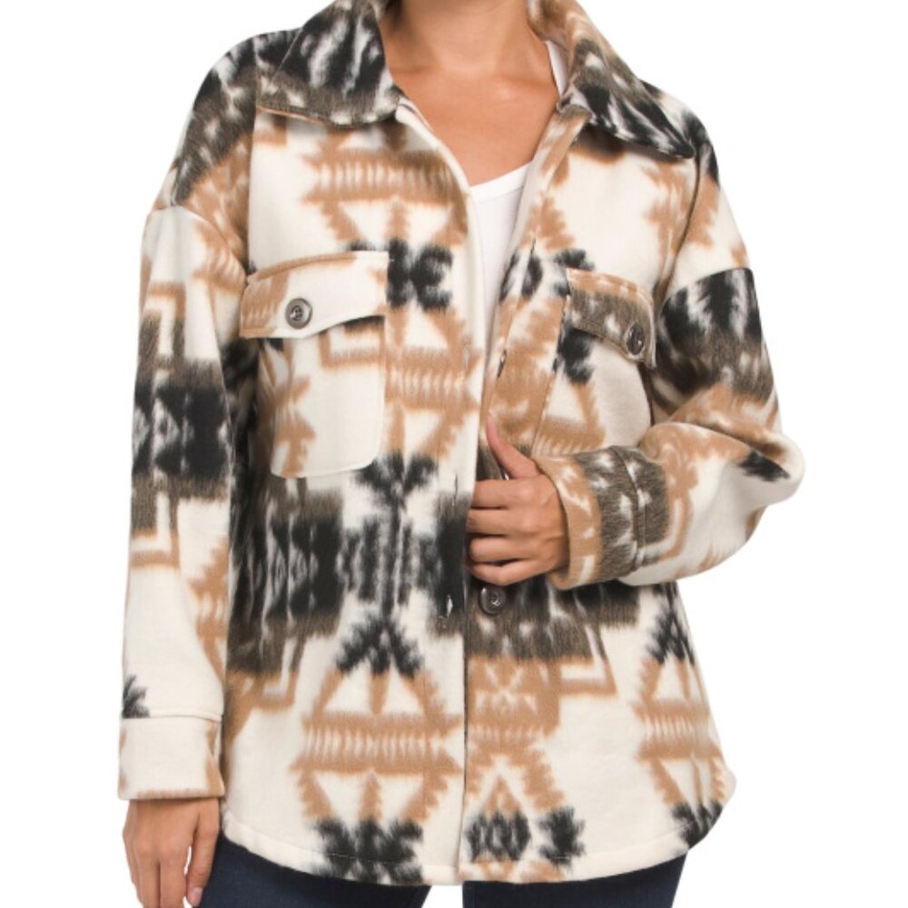 ELAN Boho Aztec Print Cozy Trendy Brushed Fleece Shacket Jacket Beige Camel Sz M